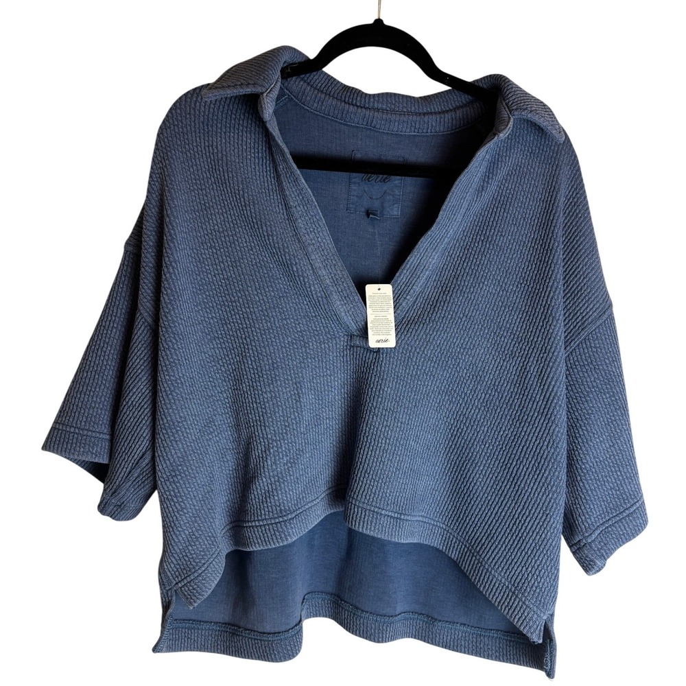 Aerie Waffle Knit Polo Pullover Blue Oversized V-Neck High-Low Top Medium NEW